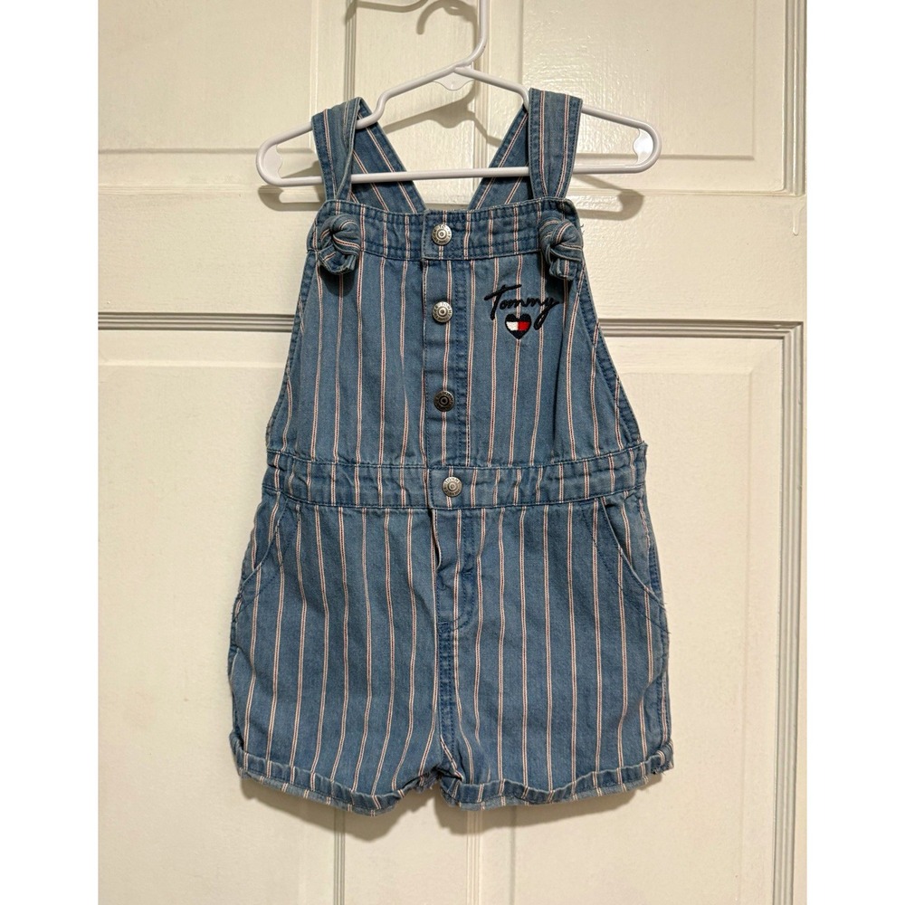 Tommy Hilfiger Girls 5 Denim Striped Romper Shortalls Blue Red White